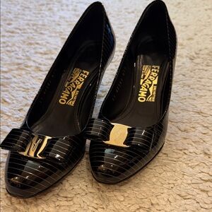 Salvatore Ferragamo Black Patent Heels with Gold Accent